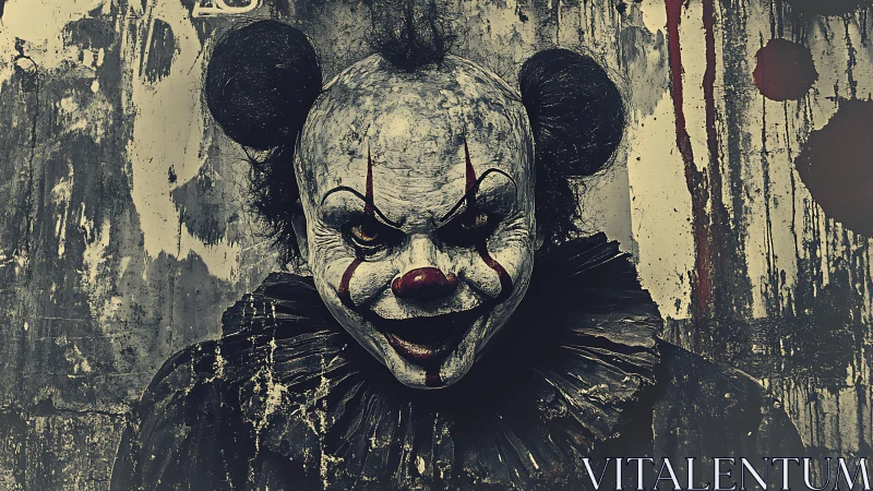 Creepy clown portrait against stained, decayed wall backdrop.