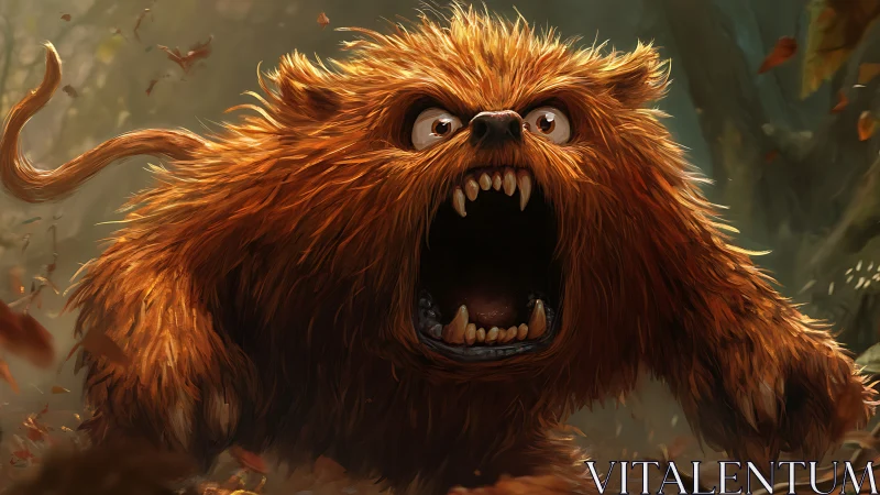 Fierce orange monster roaring in a dense forest scene.