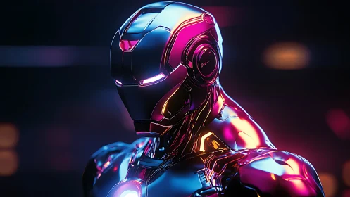 Chromed humanoid android stands under neon magenta blue light