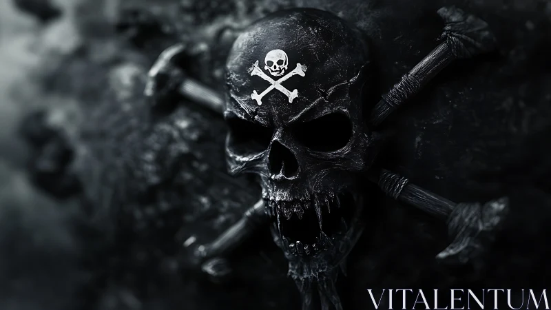 Storm-forged pirate skull emblem on shadow-soaked rock wall.