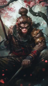 Simian warrior figure with staff under flowering tree canopy.