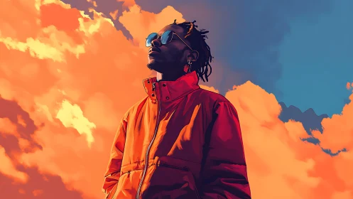 Neon-lit portrait of man in orange jacket under vivid sky.