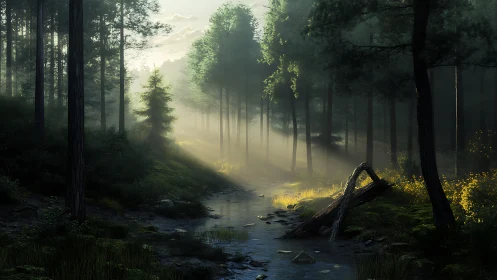 Luminescent Forest Corridor: Mist-Suffused Woodland Stream Analysis.