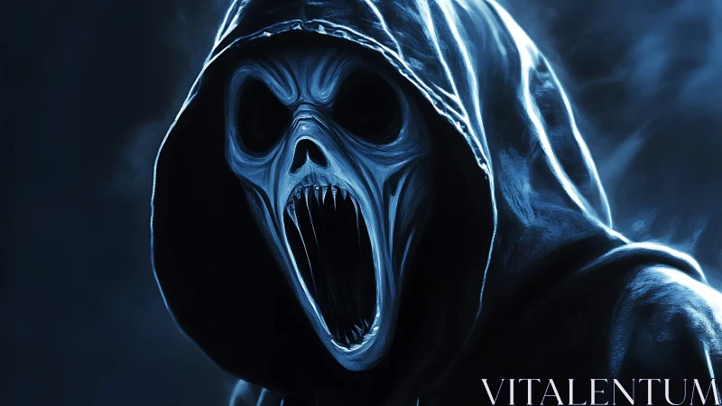 Hooded skeletal wraith screams in cold blue moonlight