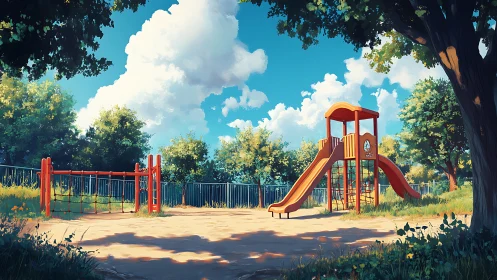 Playground stands empty under bright midday summer sky