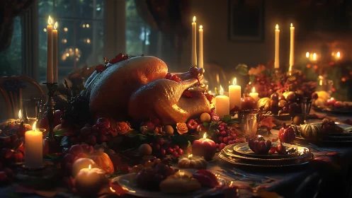 Photorealistic Thanksgiving banquet table with candlelit centerpiece.