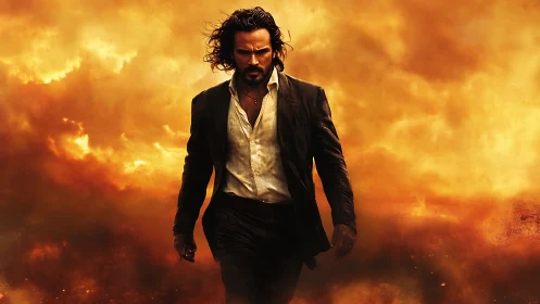 Man in suit walking forward against dense orange smoke.