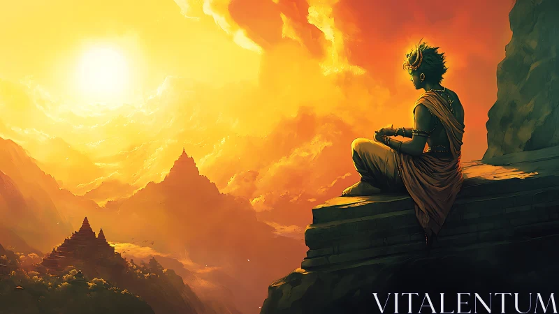 Solitary monk contemplates a radiant, mythic sunrise valley