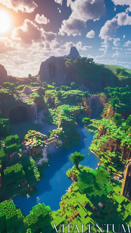 Voxel river valley unfolds under warm, cinematic sunlight.