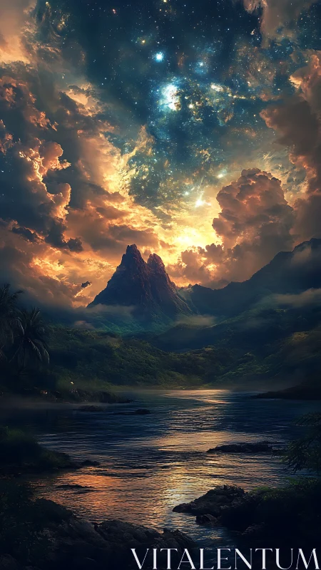 Starlit mountain valley under blazing celestial storm sky.