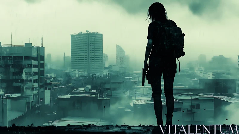 Quiet sentinel over a rain-soaked, misty future city.