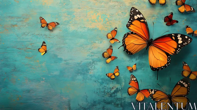 Graceful orange butterflies drift over weathered teal sky
