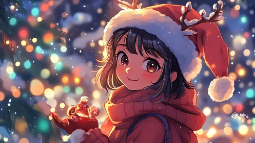 Anime girl in Santa hat amid luminous winter bokeh lights
