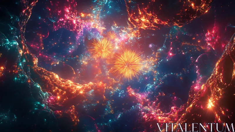 Stellar nebula blooms with neon cosmic fireworks bursts