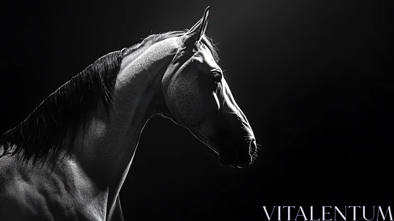 Monochrome side portrait of horse in dramatic light.