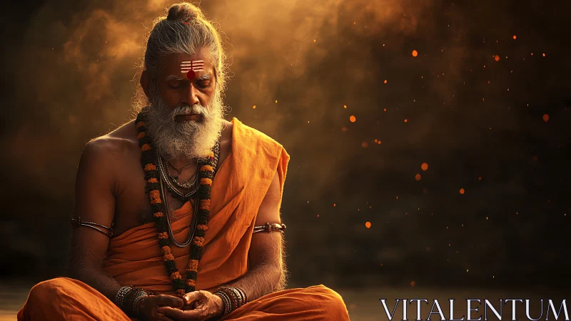 Photorealistic portrait of meditating sage in warm rim light.