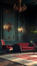 Velvet conversation settles beneath a brooding gilded ceiling