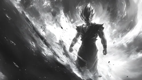 Storm-lit anime warrior stands tall in a swirling cosmos