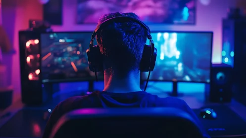 Rear view of person at dual monitors in gaming setup.