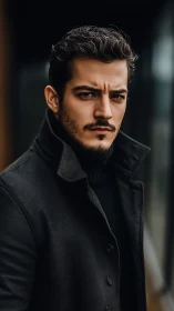 Stormy gaze in a charcoal coat on a moody city day.