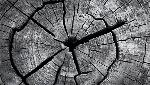 Radial grayscale study of cracked tree trunk rings pattern.