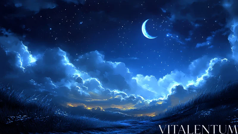 Moonlit clouds drift softly above a quiet starlit valley