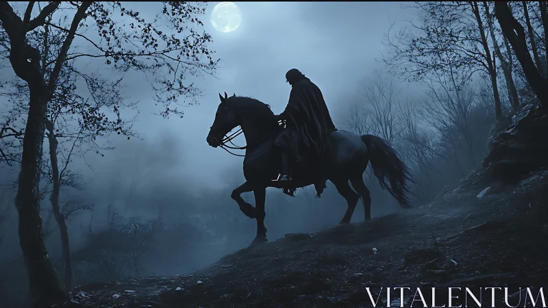 Midnight rider moves quietly through a misty moonlit forest