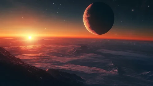 Distant planetary horizon at sunset with large dark moon.