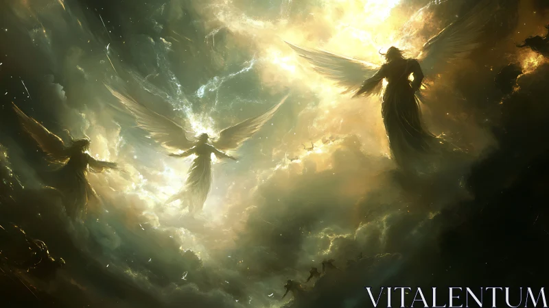 Radiant winged figures emerge through volumetric celestial light