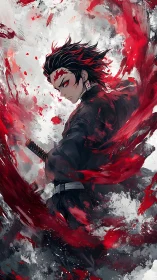 Sword‑wielding figure stands amid red and gray energy swirls