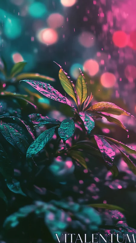 Neon rainlit leaves glow against blurred bokeh night