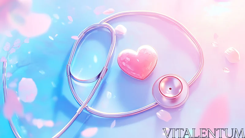 Stethoscope curves around glossy pink heart on pastel surface