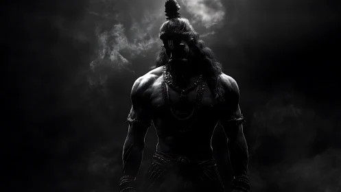 Digital painting of mythic warrior in chiaroscuro silhouette.