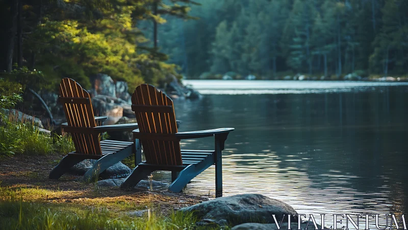 Lakeside Adirondack chairs in golden hour forest light.