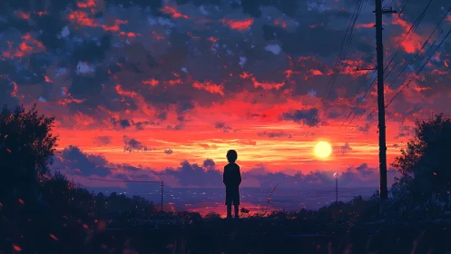 Child beneath electric skies watching a painted sunset glow.