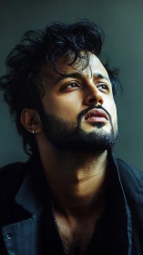 Bearded man in dark jacket gazing upward in soft light.