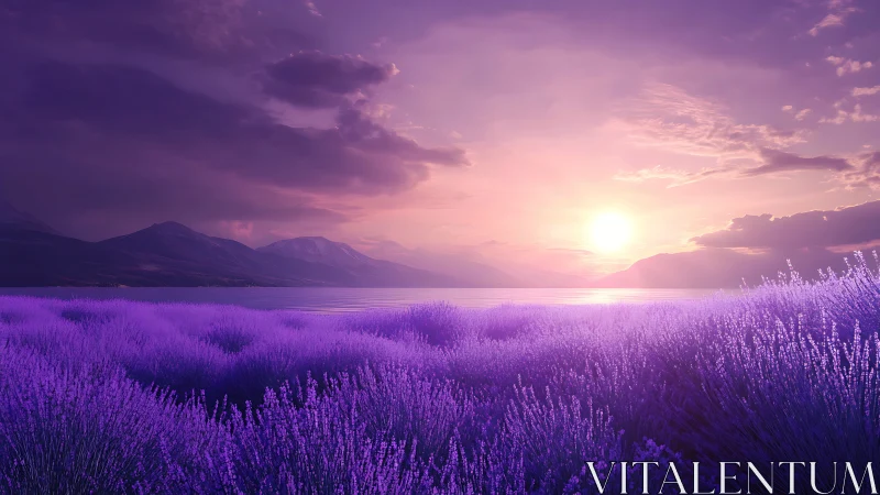 Lavender dusk over quiet water and distant violet hills.