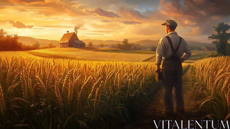 Golden-hour wheat field study with solitary farmer figure
