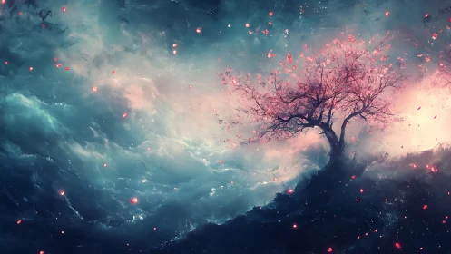 Stargaze blossom tree clinging to a swirling cosmic shore.