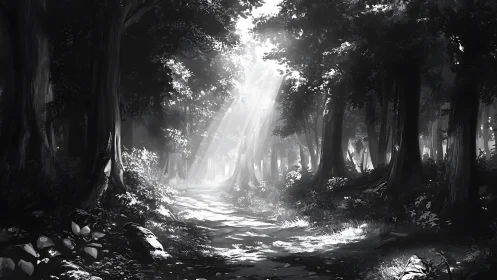 Enchanted Forest Path with Heavenly Light.