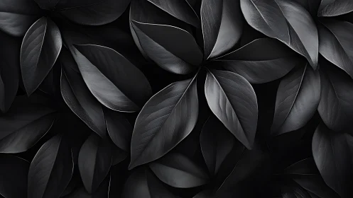 Monochrome botanical leaves form a dense overlapping surface