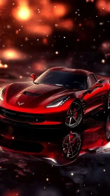 Wet reflective red sports coupe rendered with high-spec lighting