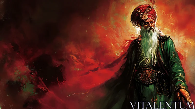 Regal desert sage walking through swirling crimson fire.