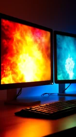 Dual monitors display fiery and icy abstract energy visuals