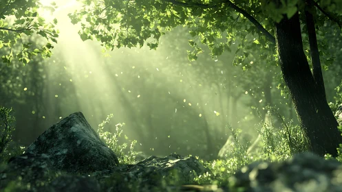 Sunlit Forest Interior with Atmospheric Rays and Vegetation