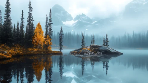 Misty mountain lake with autumn trees and calm reflections.