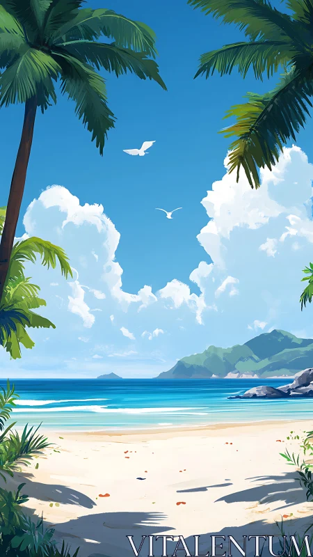 Tropical beach scene with palm trees, blue ocean and mountains