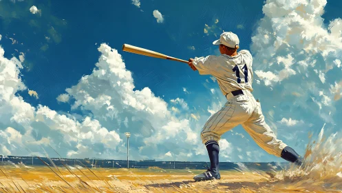 Dynamic baseball batter under cumuliform sky in digital oils.
