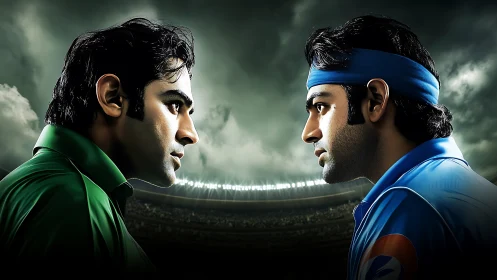 Rival cricket captains sharing a charged stadium stare down.