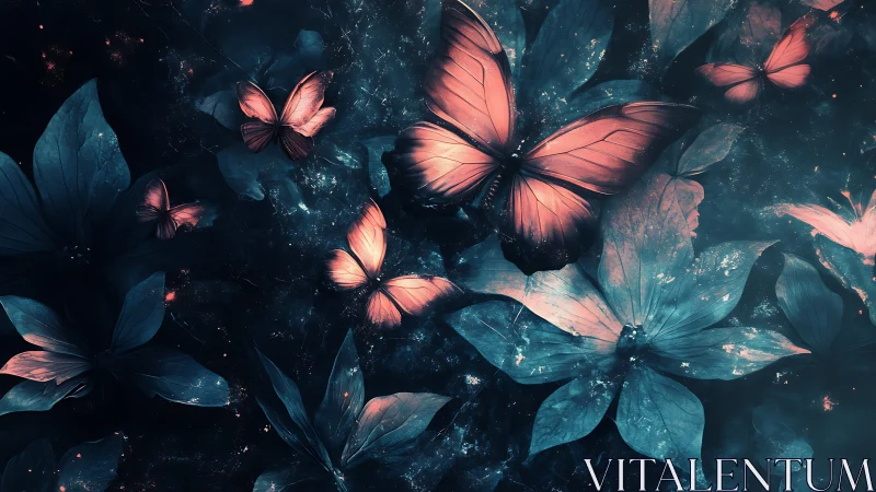 Butterflies move over stylized blue foliage in digital rendering